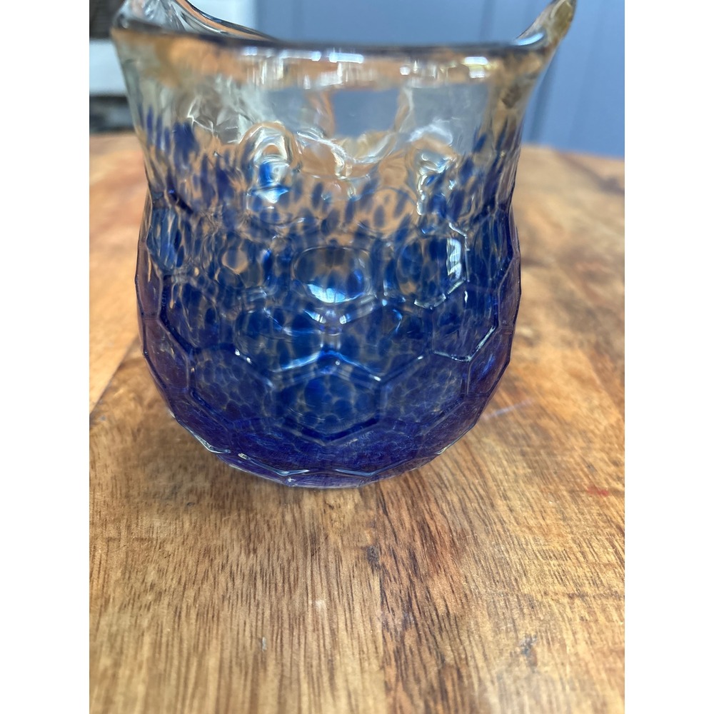 Hand Blown Glass Owl Vase Cobalt Blue Speckled Honeycomb Art Glass Vessel - Picture 3 of 7
